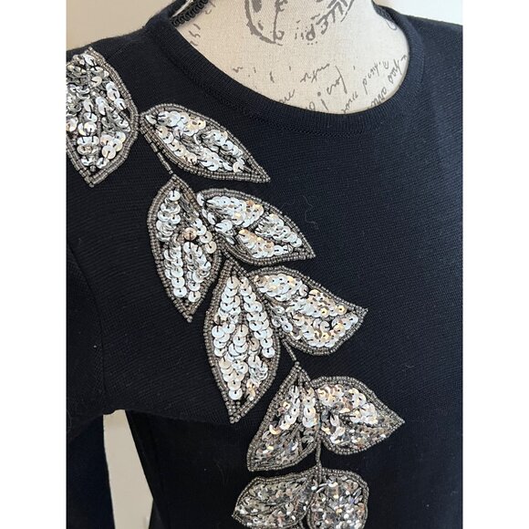 Vintage Outlander Black Sweater Dress Silver Sequin Long Sleeve Sheath Petite S - Picture 3 of 10